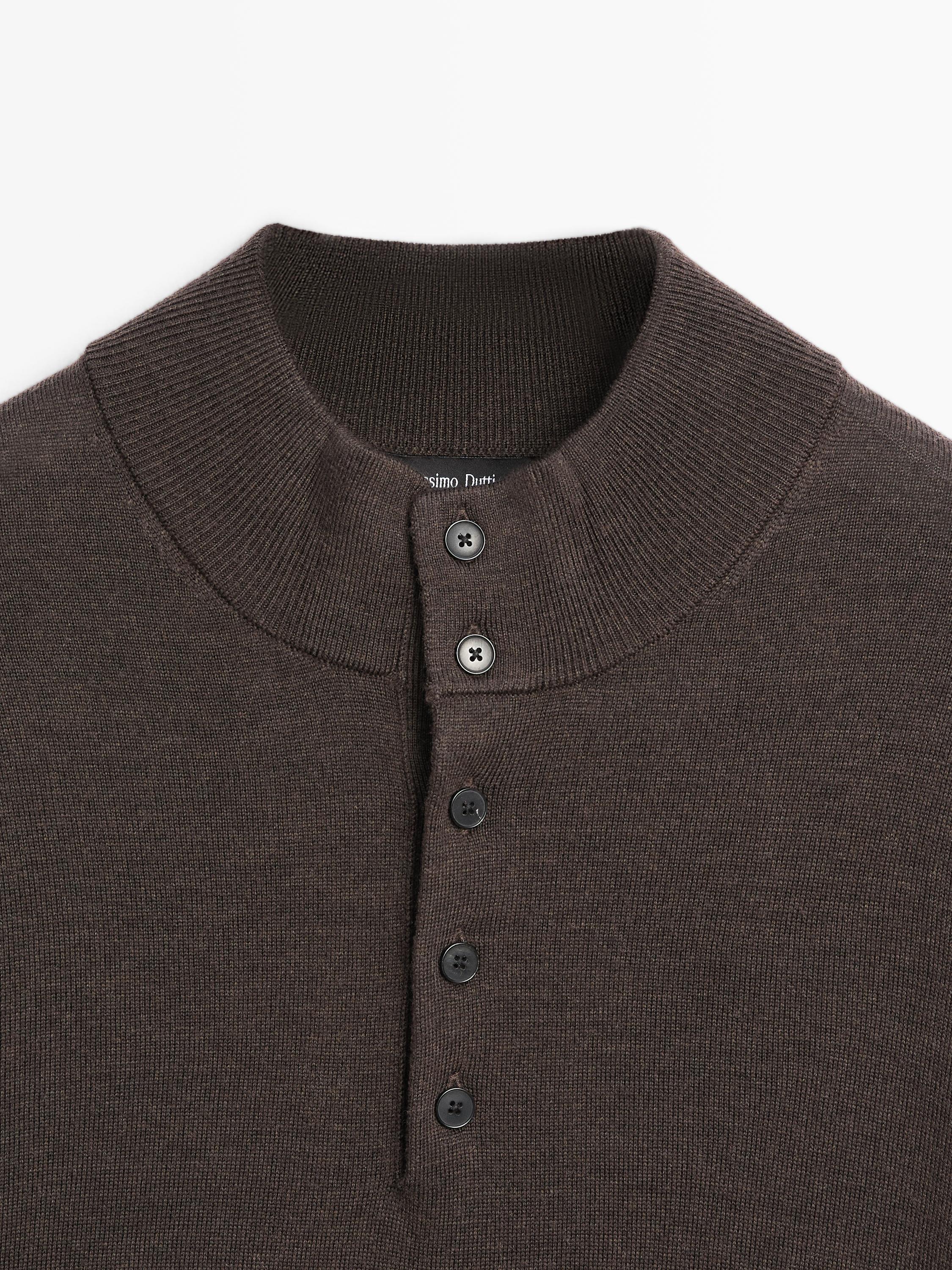 100% wool mock neck sweater with buttons